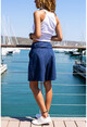 Womens Navy Blue Linen Self Belt Pleated Loose Shorts BST7094