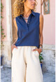 Womens Navy Blue Linen Half Pop Sleeveless Shirt Bst7158
