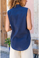 Womens Navy Blue Linen Half Pop Sleeveless Shirt Bst7158