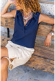 Womens Navy Blue Linen Half Pop Sleeveless Shirt Bst7158