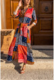 Womens Navy Blue-Red Ethnic Belt Pocketed Skirt Kiloş Shirt Dress BST3224