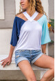 Kadın Lacivert-Mint Bloklu Dekolteli Salaş T-Shirt Bst3265