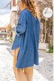 Kadın Lacivert Oversize Yıkamalı Arkası Uzun Kot Tunik Gömlek BST3357