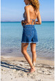 Womens Navy Blue Tasseled Loose Denim Shorts BSTKT0050y