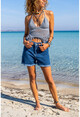 Womens Navy Blue Tasseled Loose Denim Shorts BSTKT0050y