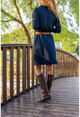 Kadın Lacivert Polo Yaka Salaş Kendinden Desenli Simli Elbise GK-BST2988