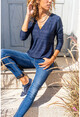 Womens Navy Blue V-Neck Self-Textured Basic Blouse GK-BST3191