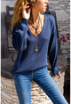 Womens Navy Blue V-Neck Loose Soft Textured Basic Sweater GK-CCK7090