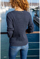 Womens Navy Blue Collar Buttoned Basic Loose Sweater GK-CCKVES115