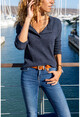 Womens Navy Blue Collar Buttoned Basic Loose Sweater GK-CCKVES115