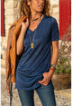 Kadın Lacivert Yanları Yırtmaçlı V Yaka Tunik Bluz GK-BST2197