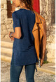Kadın Lacivert Yanları Yırtmaçlı V Yaka Tunik Bluz GK-BST2197