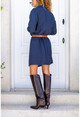 Womens Navy Blue Half-Pleated Shirt Dress with Pocket Bst7160