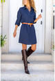 Womens Navy Blue Half-Pleated Shirt Dress with Pocket Bst7160