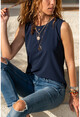 Womens Navy Blue Studded Sleeveless Crepe Blouse GK-BST2352