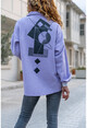 Kadın Lila Deri Garnili Sırtı Baskılı Kaşe Oversize Ceket Gömlek Bst3289