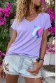 Kadın Lila Renkli Garnili Tek Cep V Yaka Salaş T-Shirt Bst3426
