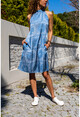 Kadın Mavi A Kesim Etnik Desenli Cepli Saten Elbise Bst3238