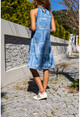 Kadın Mavi A Kesim Etnik Desenli Cepli Saten Elbise Bst3238