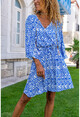 Kadın Mavi Beli Büzgülü Kruvaze Kloş Elbise BST3155