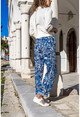 Kadın Mavi Beli Lastikli Kemerli Dar Paça Pantolon CCK9081