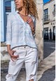 Womens Blue-White Single Pocket Big Collar Patterned Shirt BST3218