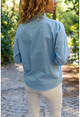 Kadın Mavi Boynu Düğme Detaylı Keten Bluz Bst3279