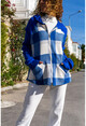Kadın Mavi Cepli Kapüşonlu Raglan Kol Ekose Ceket Hırka GK-BST3194