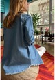 Kadın Mavi Eteği Püsküllü Cepli Çıtçıtlı Kot Gömlek Bst3286