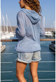 Kadın Mavi Kapüşonlu Dantel Detaylı İnce Örme Triko Hırka RSD2076