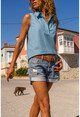 Womens Blue Linen Half Pop Sleeveless Shirt Bst7158