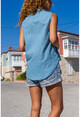 Womens Blue Linen Half Pop Sleeveless Shirt Bst7158