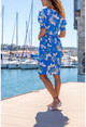 Womens Blue Kiss Collar Watermelon Sleeve Pocket Poplin Dress Bst3228