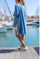 Kadın Mavi Oversize Yıkamalı Arkası Uzun Kot Tunik Gömlek BST3357