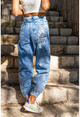 Kadın Mavi Paçası Lastikli Baskılı Yıkamalı Jogger Kot Pantolon Mat1