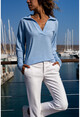 Womens Blue Polo Neck Blouse GK-BSTM2749