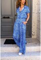 Womens Blue Satin Waist Elastic Waist Pocket Wide Leg Jumpsuit BST3235