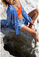 Kadın Mavi Saten Çift Cep Salaş Kimono BST3250