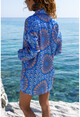 Kadın Mavi Saten Çift Cep Salaş Kimono BST3250