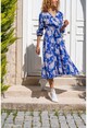 Kadın Mavi Saten Kruvaze Kendinden Kemerli Kiloş Elbise BST3236
