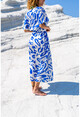 Kadın Mavi Saten V Yaka Beli Büzgülü Kemerli Salaş Elbise BST3246
