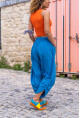 Kadın Mavi Yıkamalı Keten Cebi Nakışlı Beli Lastikli Salaş Şalvar Pantolon Rsd3068