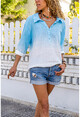 Womens Blue Washed Linen Gradient Half Pat Blouse Gk-Rsd3009