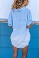 Kadın Mavi Yıkamalı Keten Degrade Yarım Patlı Bluz Rsd3029