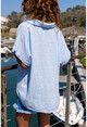 Kadın Mavi Yıkamalı Keten Duble Kol Bağlamalı Gömlek Rsd3017