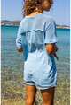 Kadın Mavi Yıkamalı Keten Yakası Yırtmaçlı File Detaylı Salaş Bluz RSD2081