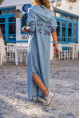 Kadın Mavi Yıkamalı Kot Sırtı Nakışlı Kapüşonlu Yarım Patlı Salaş Elbise BSTKT077