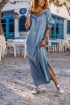 Kadın Mavi Yıkamalı Kot Sırtı Nakışlı Kapüşonlu Yarım Patlı Salaş Elbise BSTKT077
