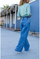 Kadın Mavi Yüksek Bel Beli Lastikli Bol Paça Yıkamalı Kot Pantolon Mat2