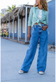 Kadın Mavi Yüksek Bel Beli Lastikli Bol Paça Yıkamalı Kot Pantolon Mat2
